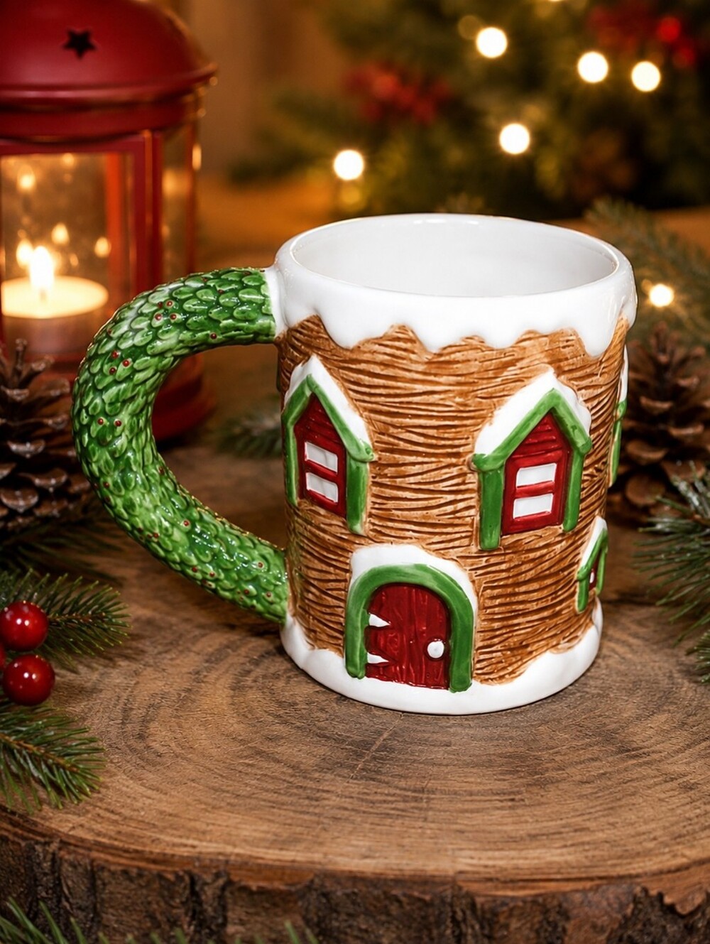 The Cellar Sculpted Log Cabin Christmas Mug Holiday Wreath Handle